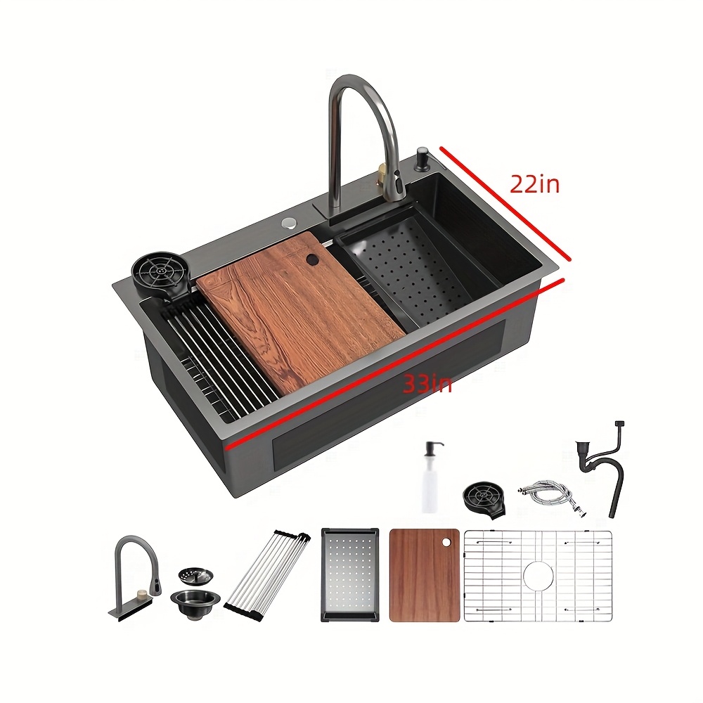 TEMU 33 * 22 Inch Stainless Steel Kitchen Sink, Single Bowl Sink Drop In/ Workstation Waterfall Sinks With Cutting Board, Cup Washer And Sink