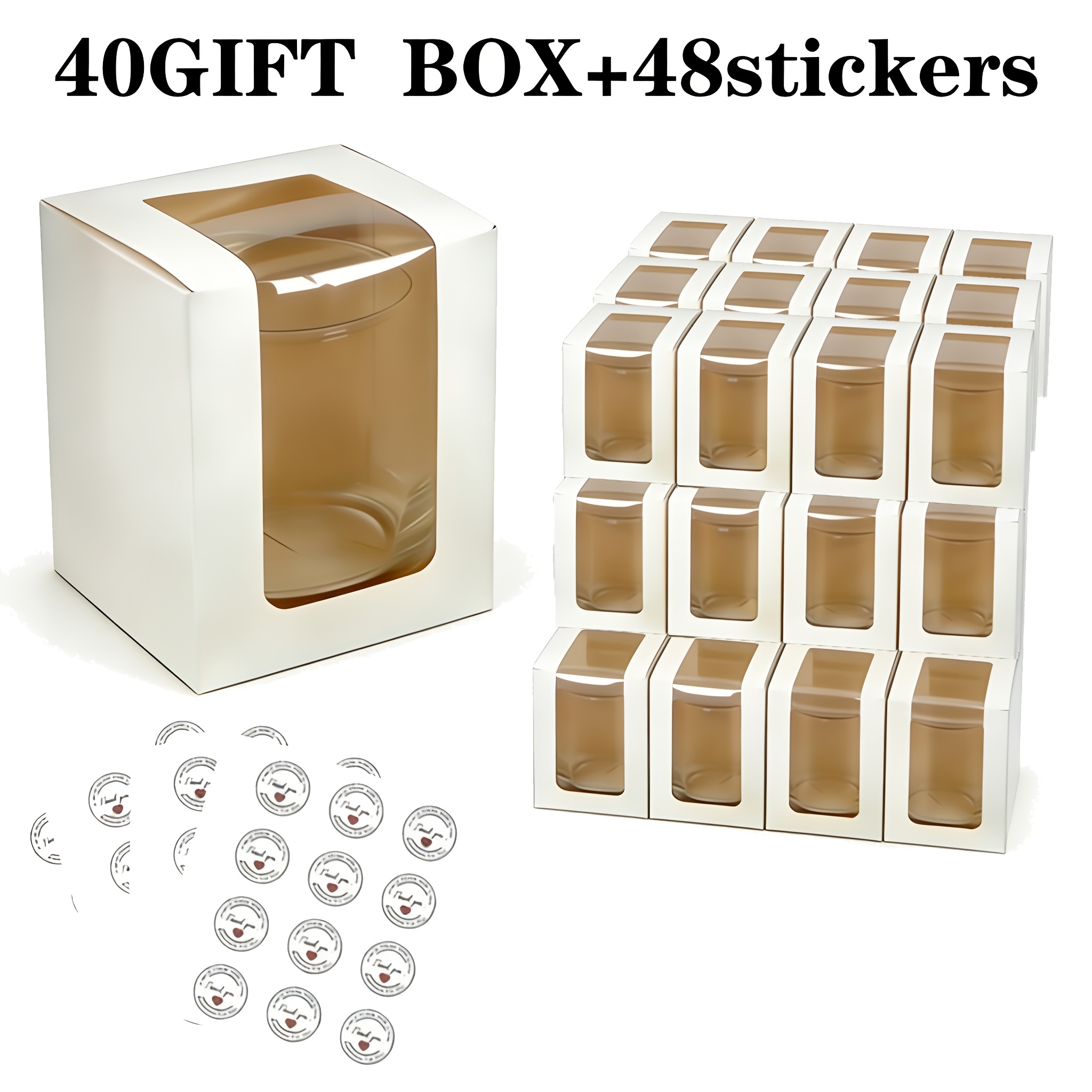 TEMU 40 Pack White Gift Boxes With 48 Stickers, Windowed Gift Packaging Boxes, 9 Oz 10 Oz Tumbler Display Transparent Packaging Boxes, Blank Boxes,