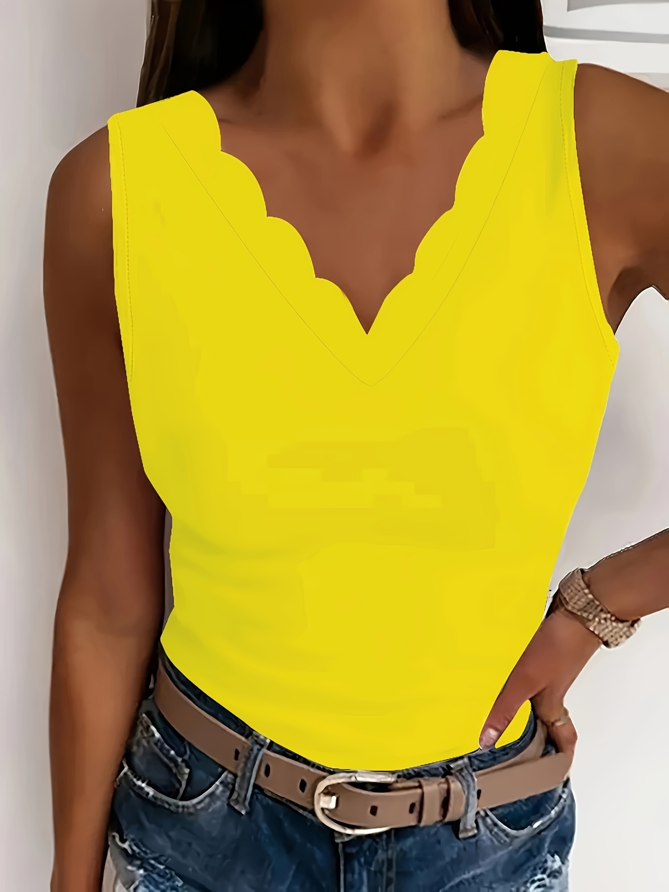 Plus Size Scallop Trim Tank Top, Casual Sleeveless V Neck Tank Top For Summer, Women's Plus Size?Clothing