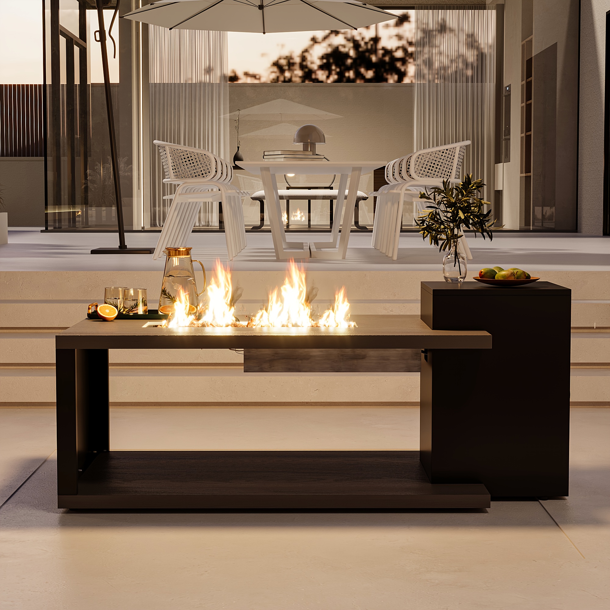 53.1'' Wide Modern Outdoor/ Coffee Table & Side Table - All-Weather & Steel with Wood Grain, Low-Maintenance Furniture for Living Room, Balcony, Courtyard - Easy Assembly (Some Tools Required)