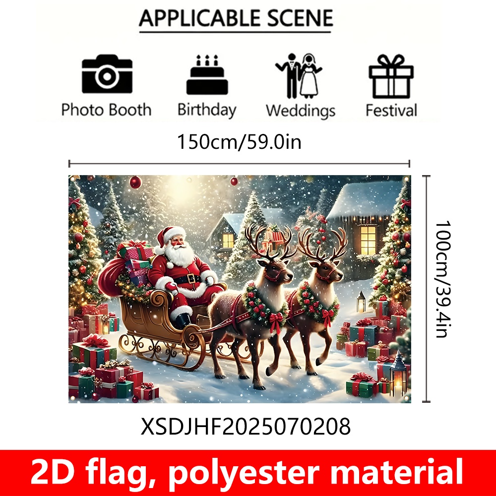 TEMU 2d Flat, [] 2d Flat Flag, 1pc Christmas Party Decoration Flag, 150 Cm*100cm/59.0in*39.4in, Christmas Reindeer Pulling Santa Claus Scene