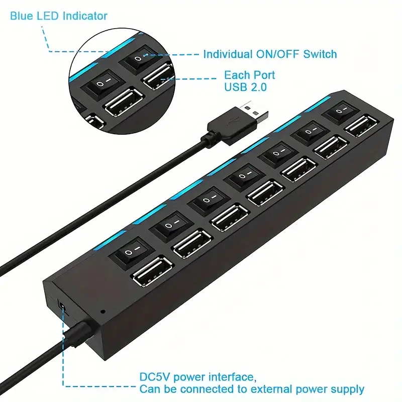high 7ports usb splitter hub usb hub 2 0 use power adapter usb 2 0 multiple expander switch hub docking stations 30cm cable details 3