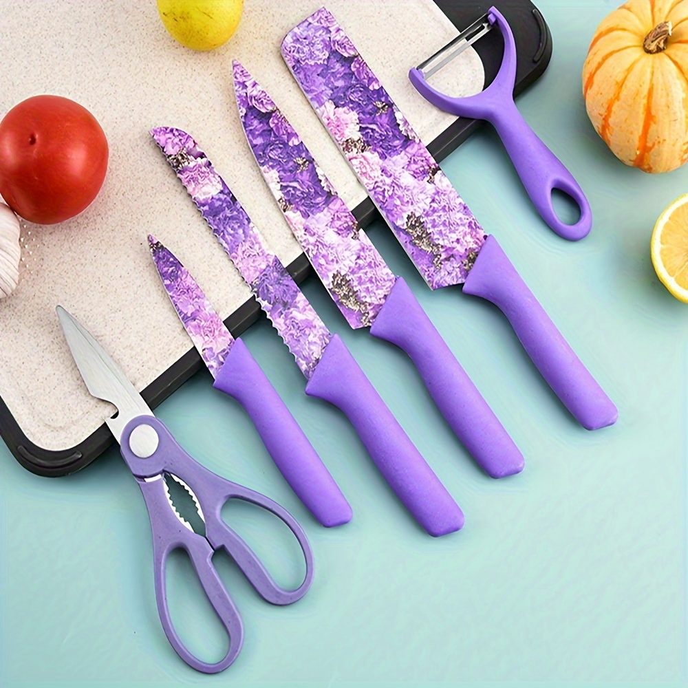 

Knife Set, 6pcs Colored Printed Wheat Straw Purple Designs Kitchen Knife Set, Color-coded Coated Stainless Steel Kitchen Knives, Dishwasher Safe