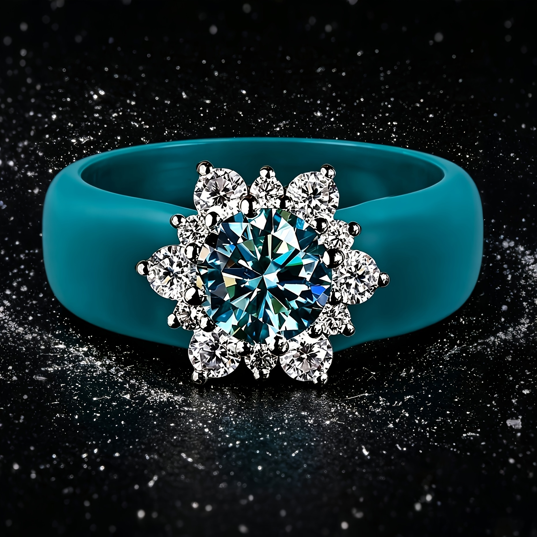 TEMU A Silicone Ring Holder, 5a Blue Zirconia Snowflake Ring, Light Luxury, Shiny, Hypoallergenic, Comfortable, Suitable For Daily Commuting, Sports,