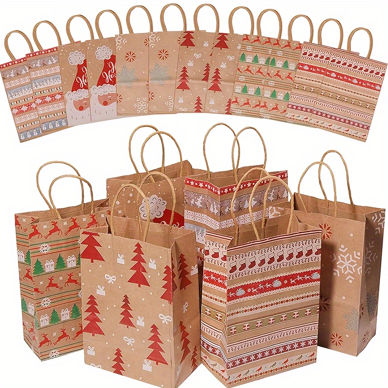 

12pcs Christmas Kraft Gift Bags With Reinforced Handles - Holiday Themed Paper Tote Bags For Presents, 8.27x5.91x3.15 Inches, Best For Christmas