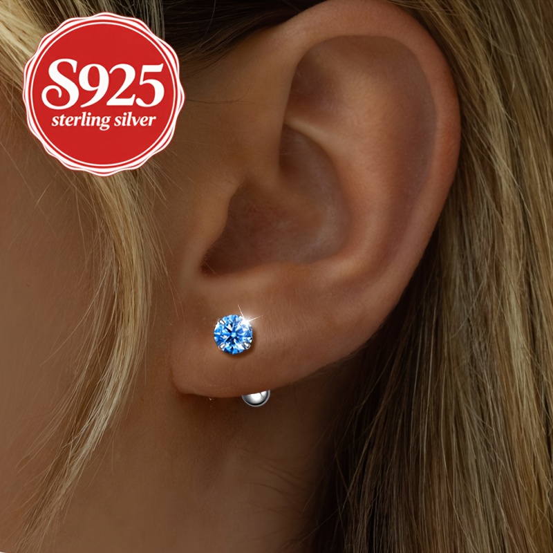 Image of A Pair Of S925 Silver Blue Round Bead Threaded Earrings, Set With Blue Synthetic Zirconia, Designed To Be Worn While Sleeping, Stylish And Luxurious, Suitable For Daily Women, Low Allergy