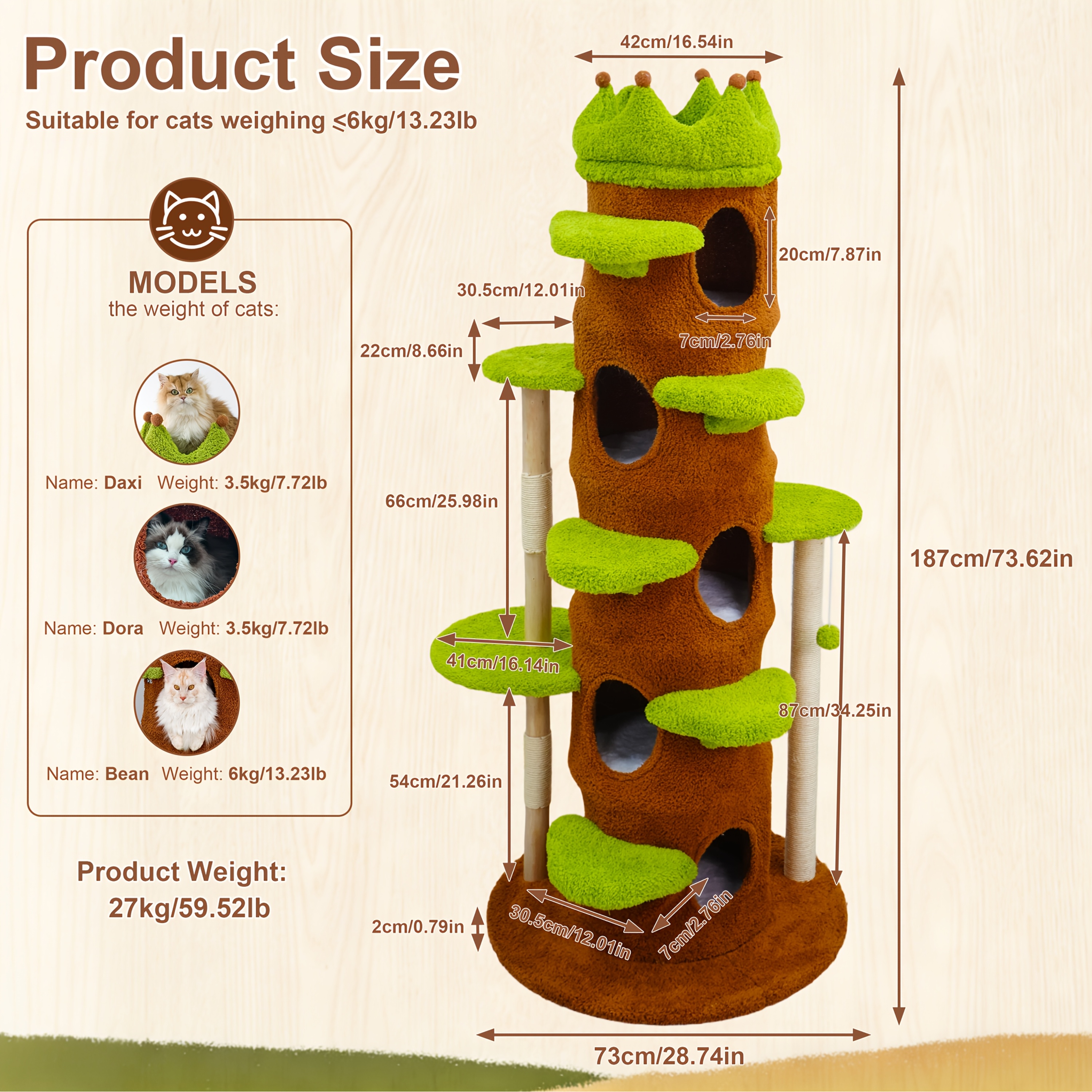 187 Cm Solid Wood Multi-level Activity Center: Indoor Vibrant Cat Tree Activity Tower With Crown-shaped Top Perch Sisal Scratching Post Plush Cave For Multiple Cats
