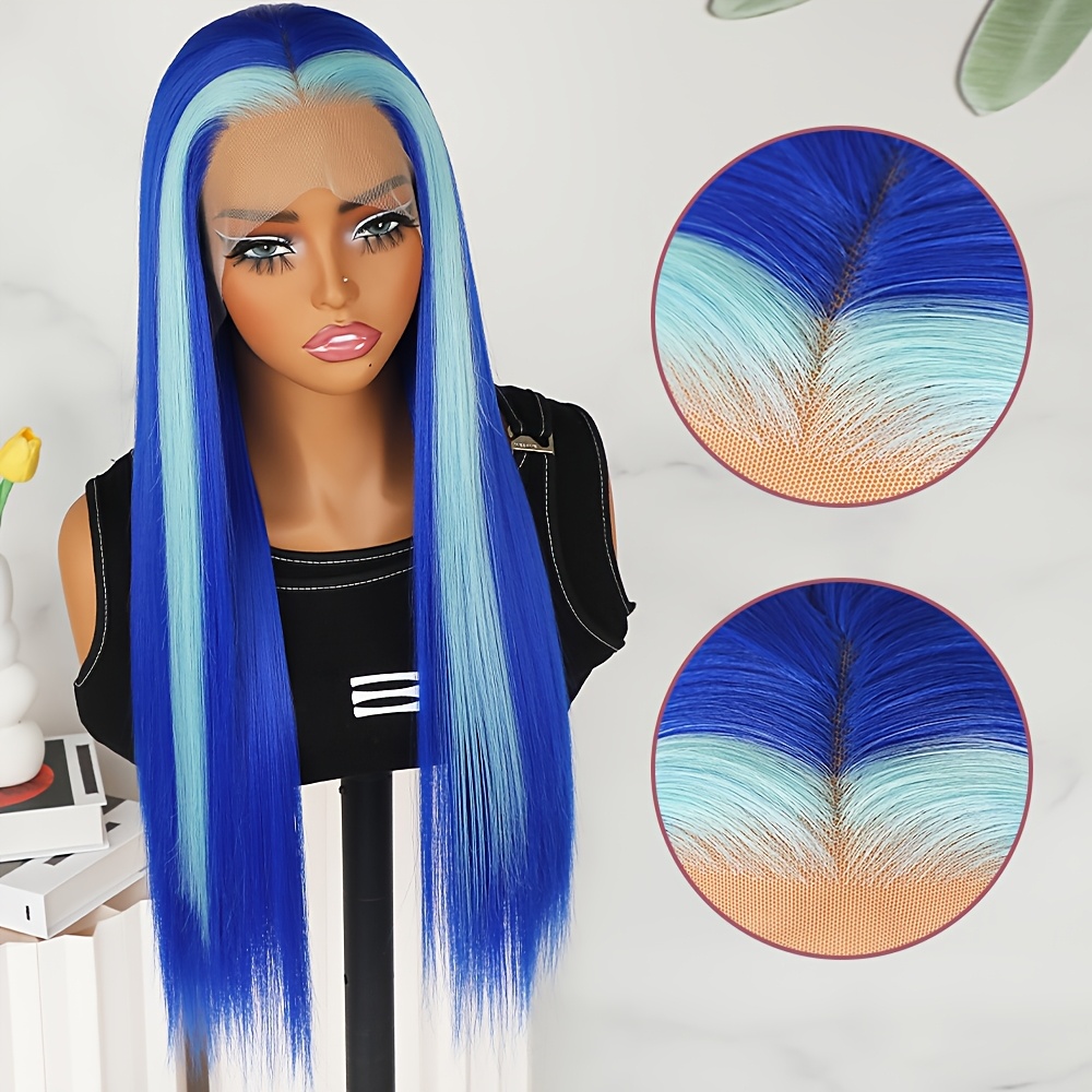 skunk stripe blue color long straight hair 13x4 synthetic - Temu display picture 1