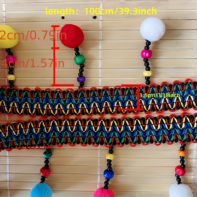 TEMU 100cm Colorful Ethnic Handmade 3.5cm Pom-pom Large Wave Lace For Clothing, Home Textiles Scarf Decoration, And Garment Additions