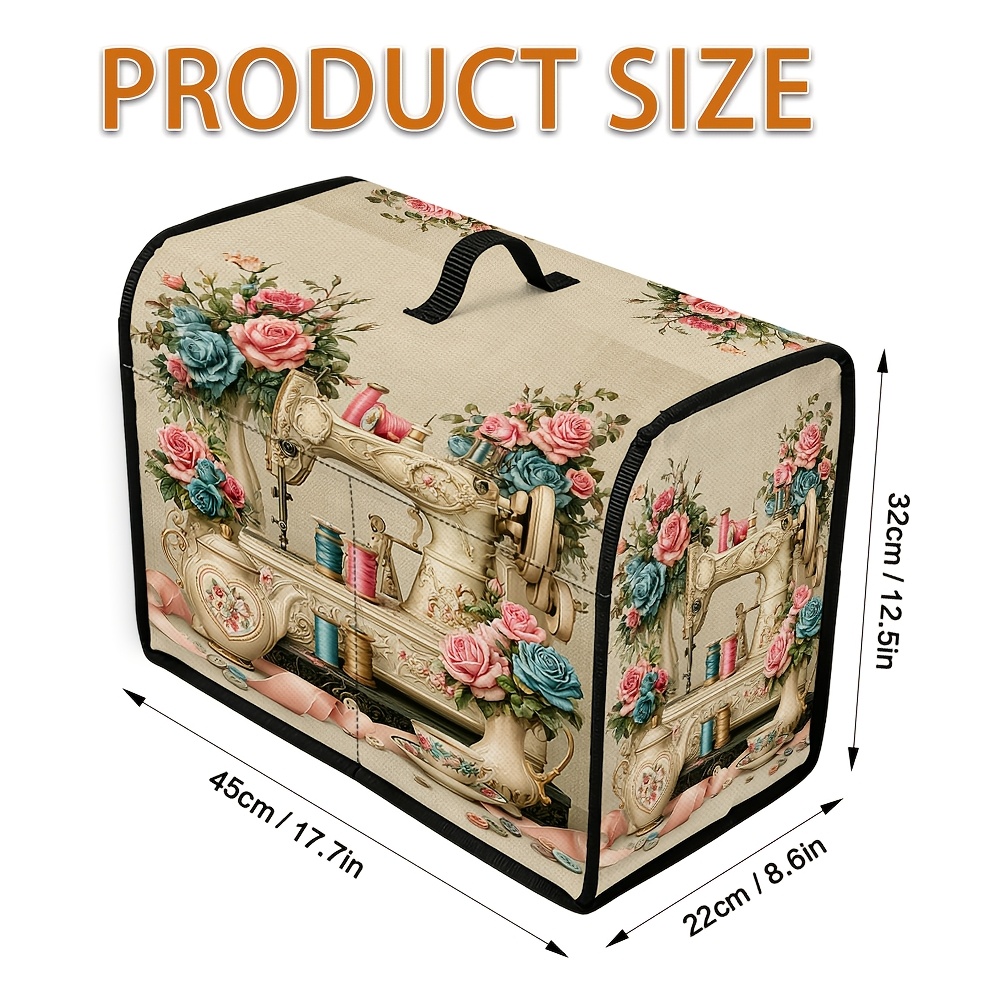 TEMU 1pc, 2d Flat Universal Sewing Machine Cover, Vintage Sewing Machine Floral Scene Artistic Themed Design, Built-in Storage Bag And Soft Handle,