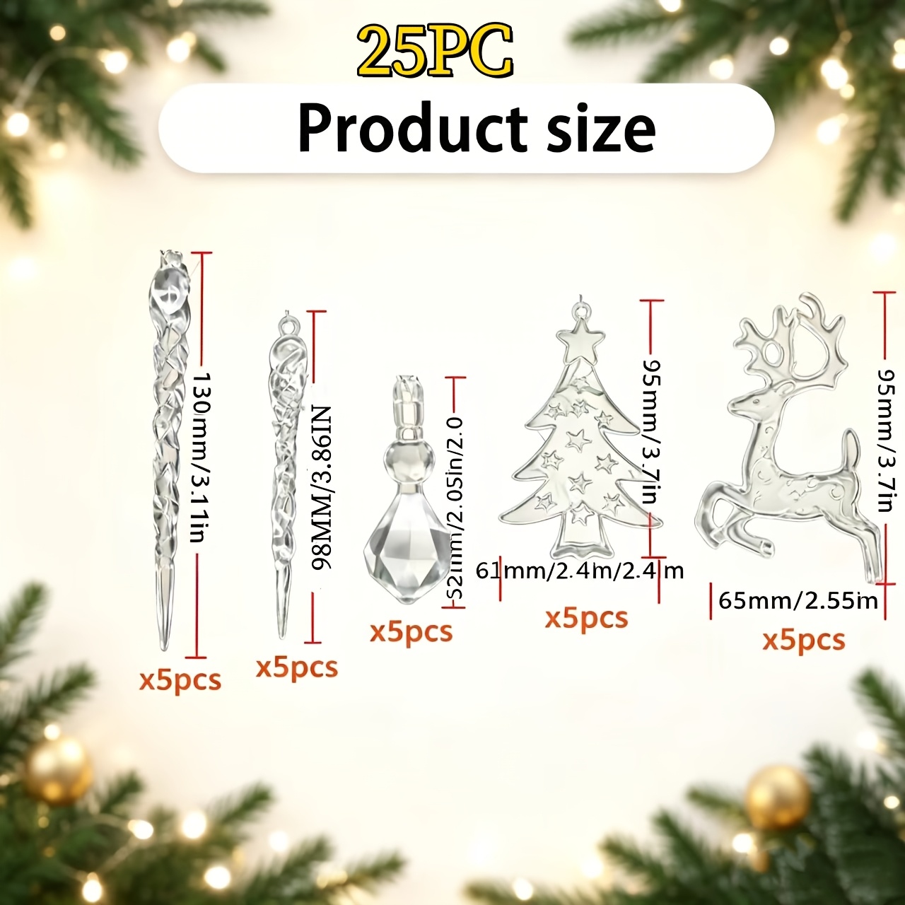 TEMU Set di 25 pezzi di ornamenti natalizi trasparenti a forma di scheggia di , coni di in acrilico, ornamenti a forma di per albero di Natale,