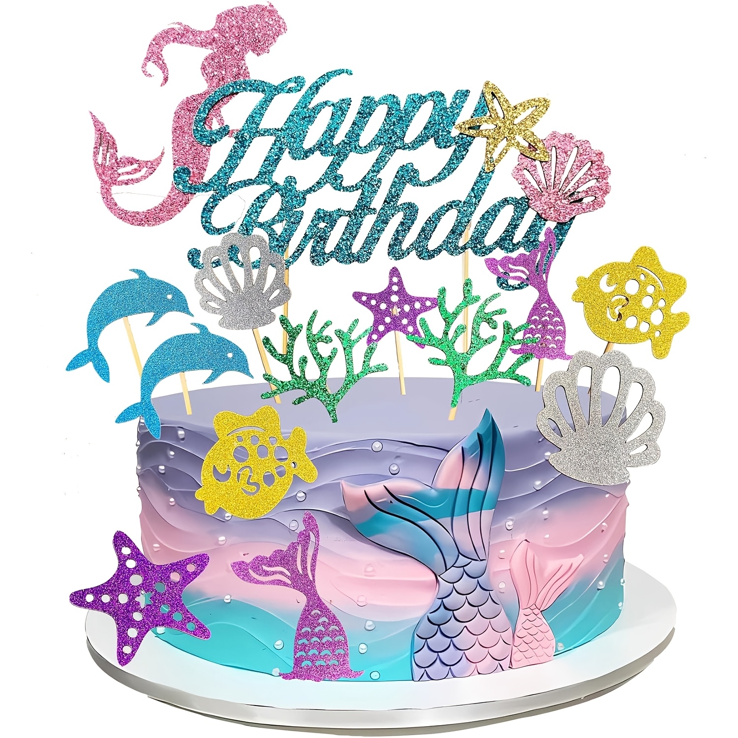 13pcs Mermaid Birthday Cake Toppers Set - Theme Decor With Happy Birthday Topper And Elements Cupcake Picks - Ideal Cake Decorations For Baby Shower Birthday Cake Toppers, Halloween, Christmas