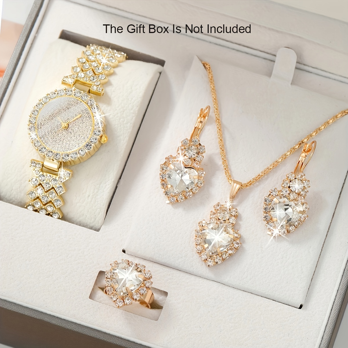 

5pcs/set Women's Luxury Rhinestone Quartz Watch Stainless Steel Band Wrist Watch & Synthetic Gem Jewelry Set, Gift For Mom Her