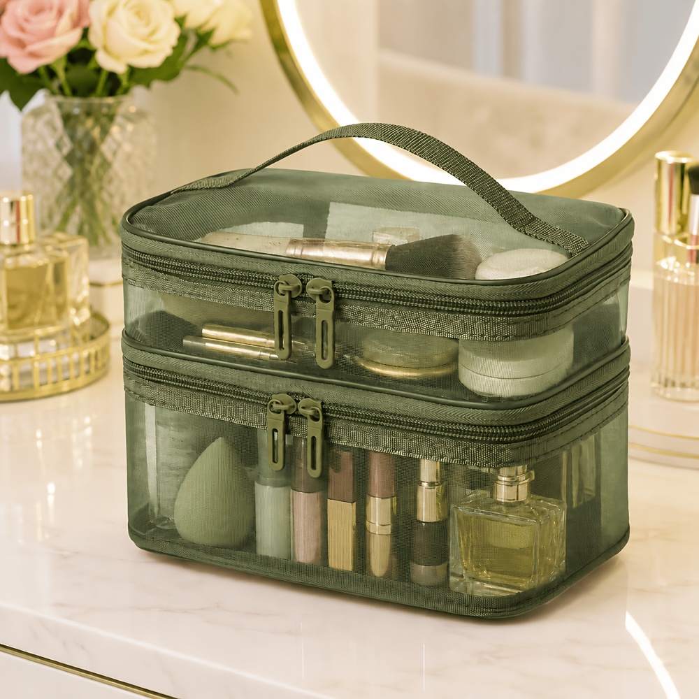 TEMU Double-layer Large-capacity Transparent Toiletry Storage Bag, Portable Cosmetic Organizer With Compartments, Travel And Toiletry Storage Pouch