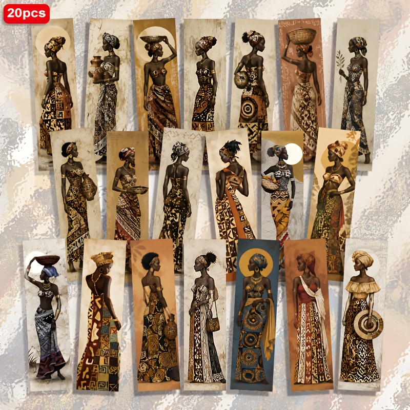 TEMU 20pcs Marque-pages en papier imprimés 2D, style peinture à l'huile vintage, femme africaine, motif de tatouage traditionnel 1.5In X 5.9In,