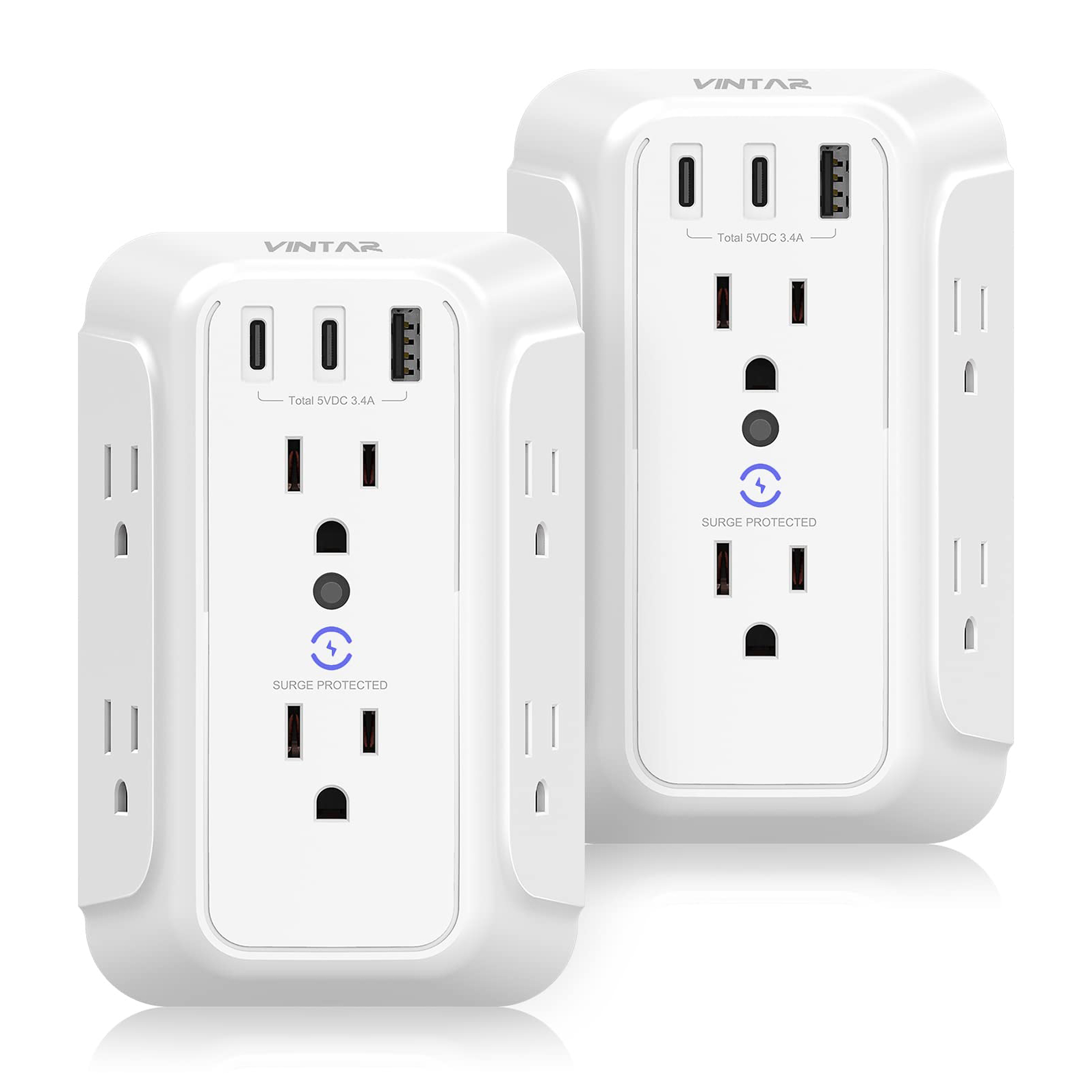 

[2-pack]usb Wall Charger, Protector, 6 Outlet Extender With 3 Usb Charging Ports (2 Usb C Outlet, 3.4a) 900j Power Strip Multi Plug Outlets, Wall Mount Power Strip For Home Travel Office Etl Listed
