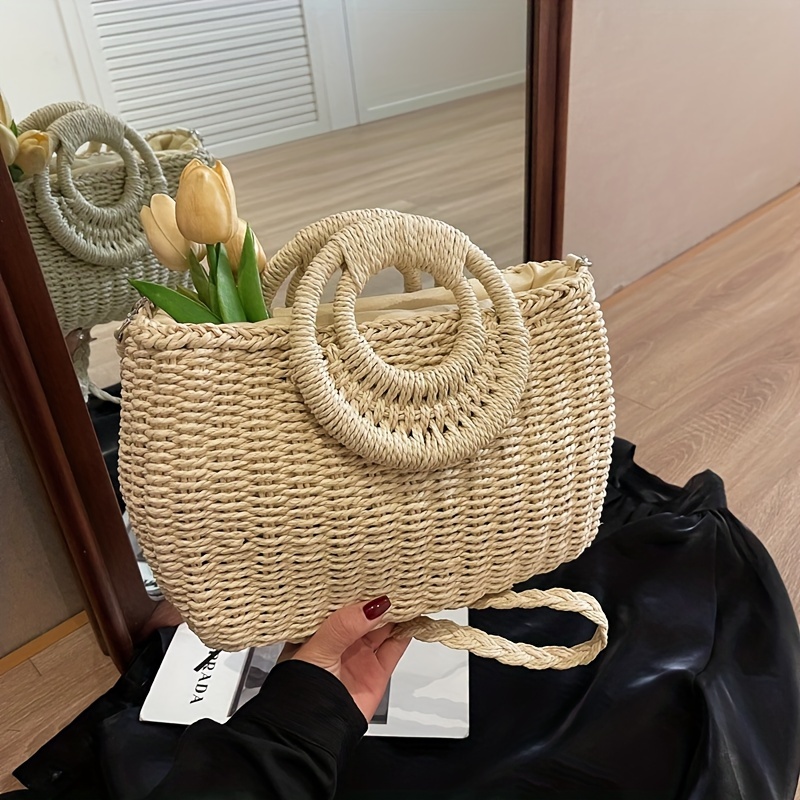 

Sac fourre-tout minimaliste classique en paille, grande capacité, design simple et polyvalent, sac à bandoulière léger pour les vacances à la plage