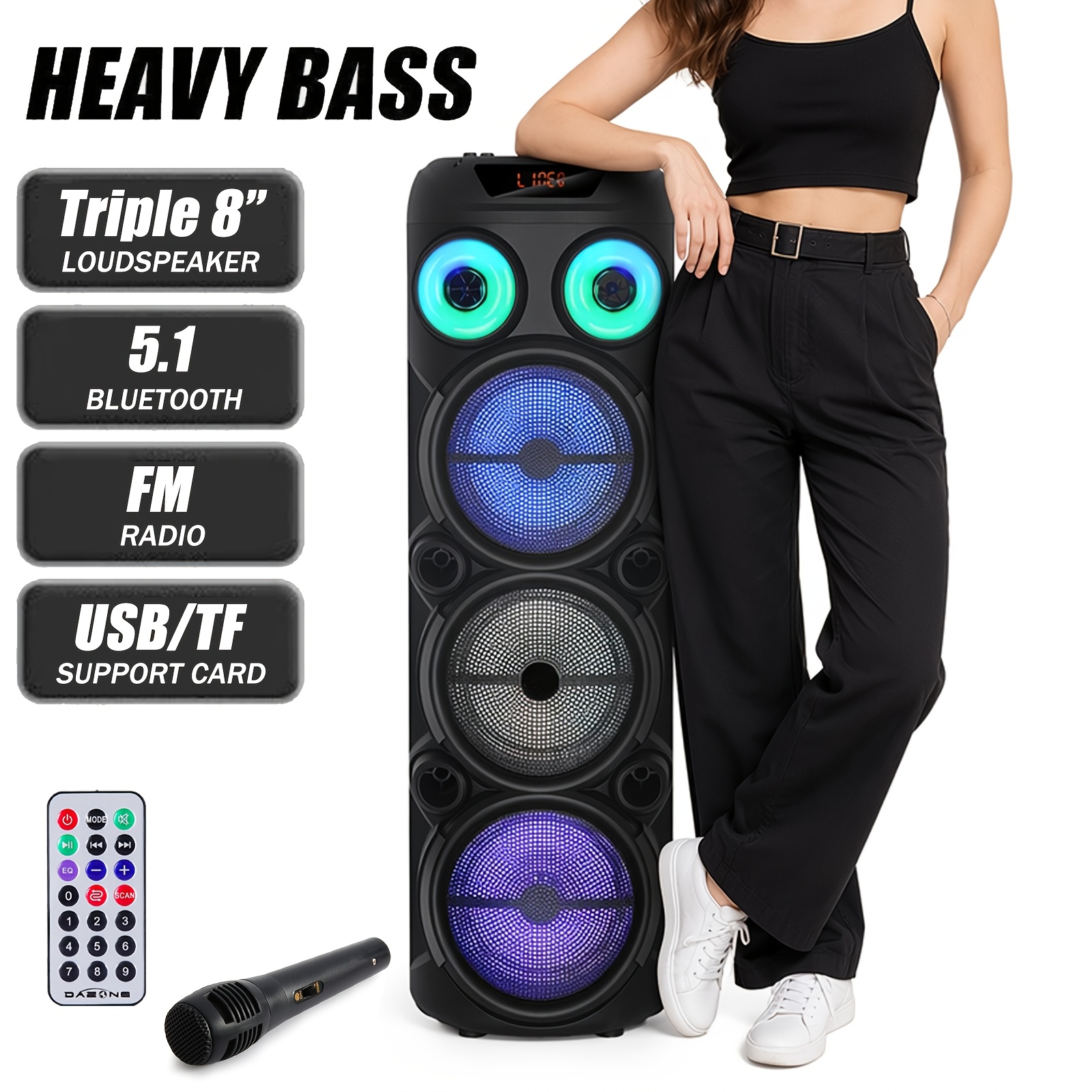 Portable , With 3*8-inch Subwoofer, Big Large Loudest Wireless Portable Speaker, Huge 90db Natur , Futuristic , Wired Microphone, Support Aux/tf/usb/fm/tws, Perfect For Party & Home Karaoke