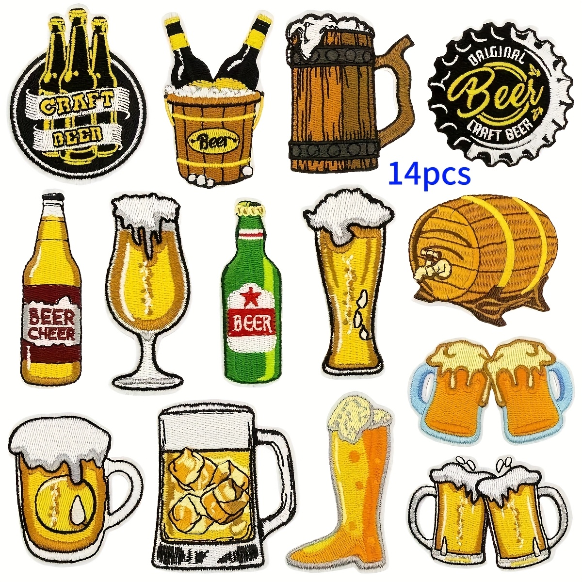 14pcs Beer Mug Themed Set With Embroidered Patches For Men, Unique Patches For Clothing, Shoes, Hats, Bags, Suitable For Ironing Or Sewing Decorative Patches