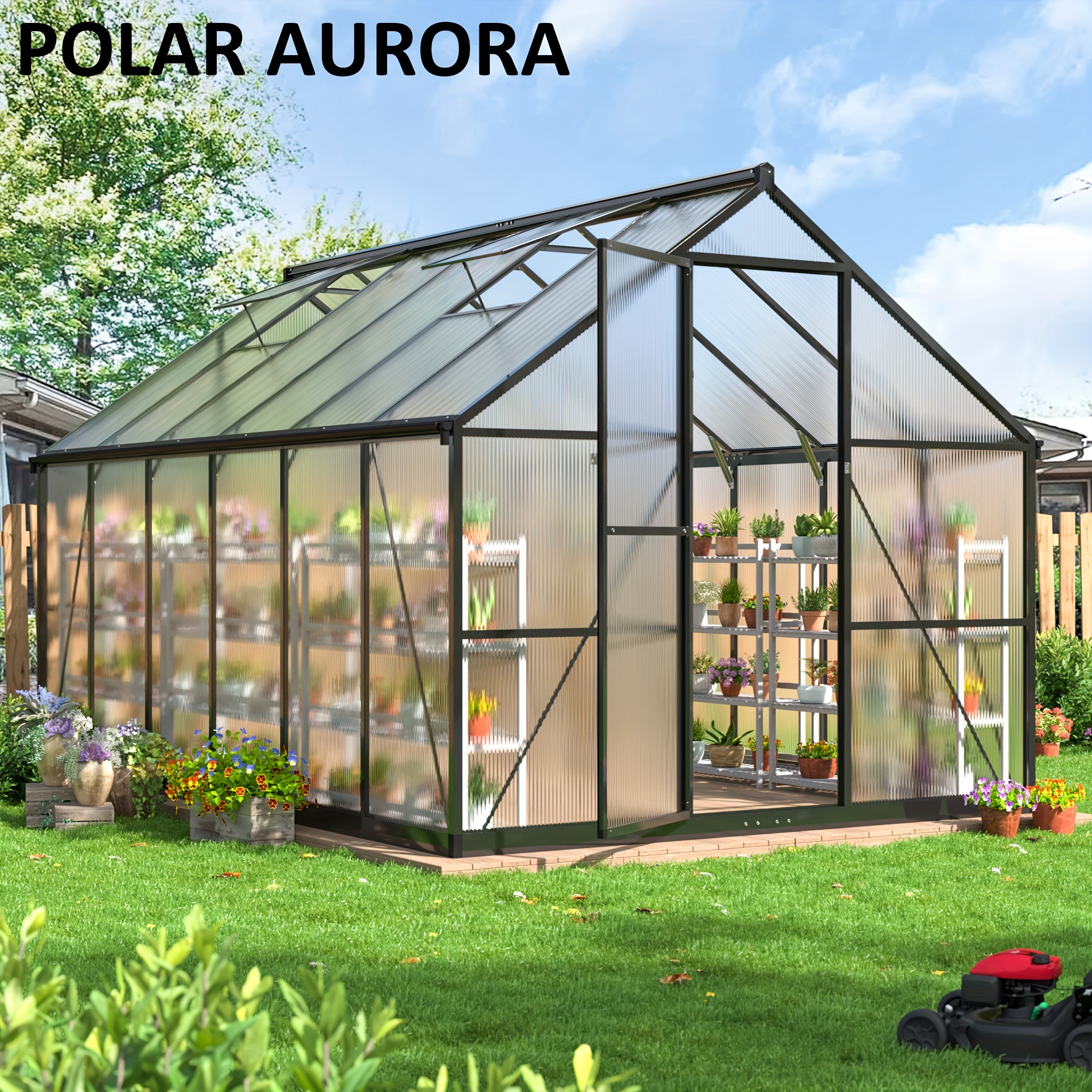 

12x8 Ft Greenhouse For Outdoors, Polycarbonate Greenhouse Setup Structure And Roof Vent, Aluminum Large Walk-in Greenhouse For Outside Garden Backyard