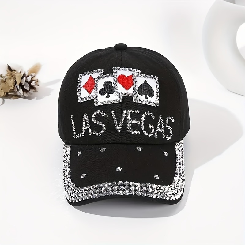 

Las Vegas Rhinestone Embellished Baseball Cap, Adjustable Sport Cap With Poker Patch Design, Trendy Hip Hop Style, Golf Sports Headwear For Women