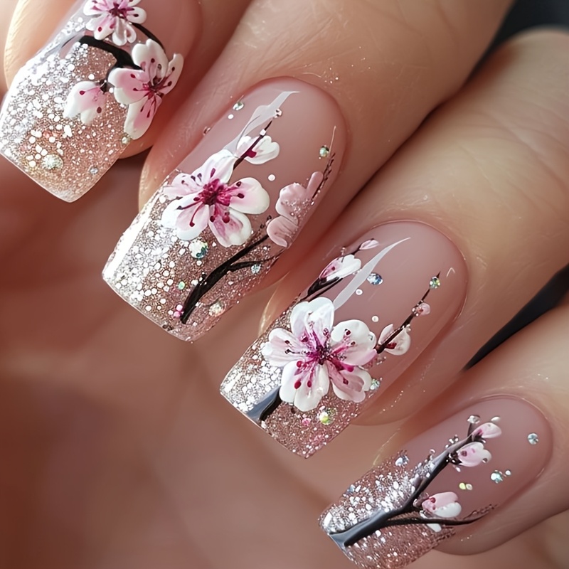 

24pcs Spring And -on Nails, Medium And Short False Nails, Chinese Style With Peach Pattern And Glitter Design, Reusable Nail Art, Suitable For Women And Girls, Easy To Remove Without Hurting Hands