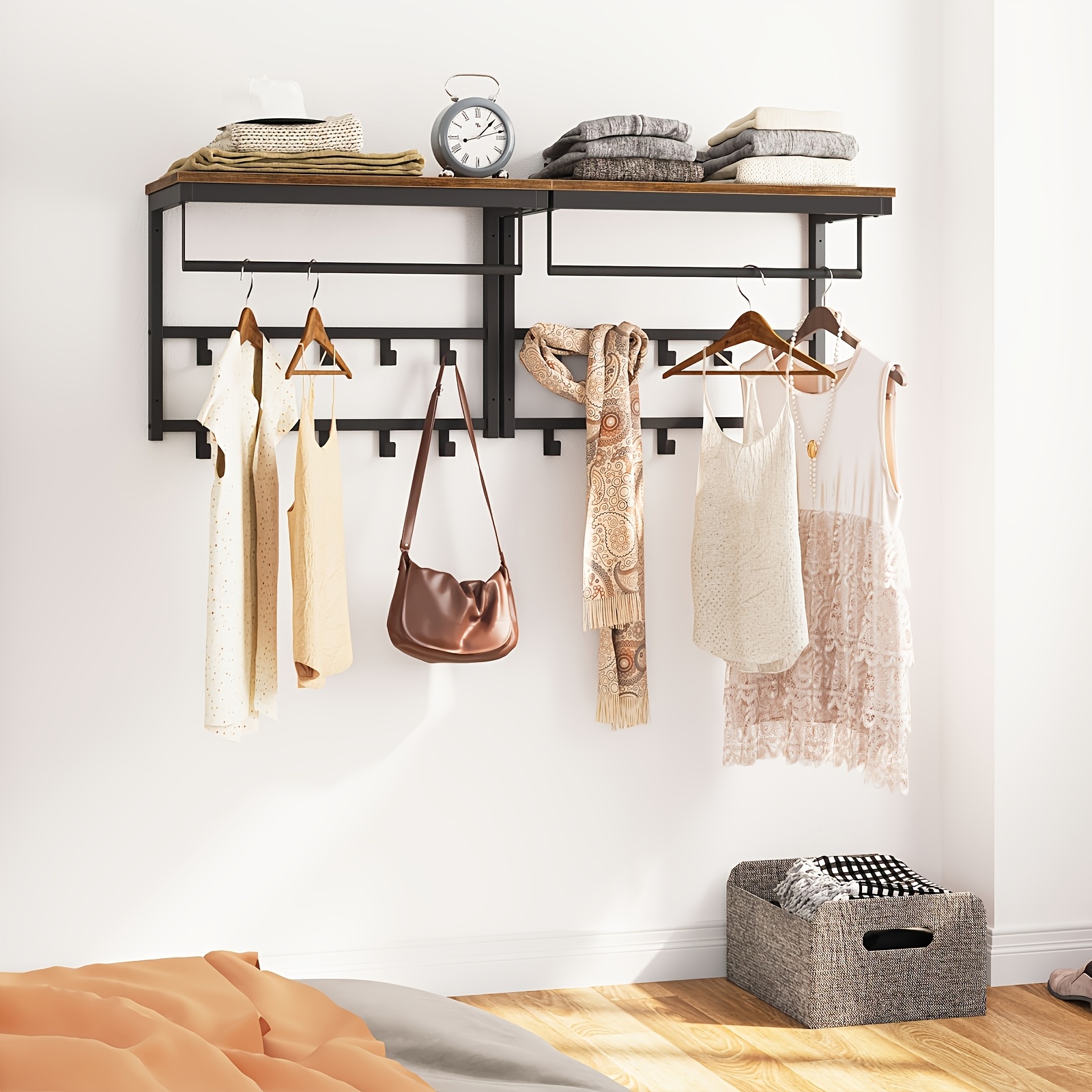 Image of Wall-mounted Coat Rack With Storage Shelf - Industrial Hanger, Space- With 10 Hooks & Shelf Suitable For Entryway, Living Room, Bedroom, Bathroom - Modern (60 X 30 X 42cm)