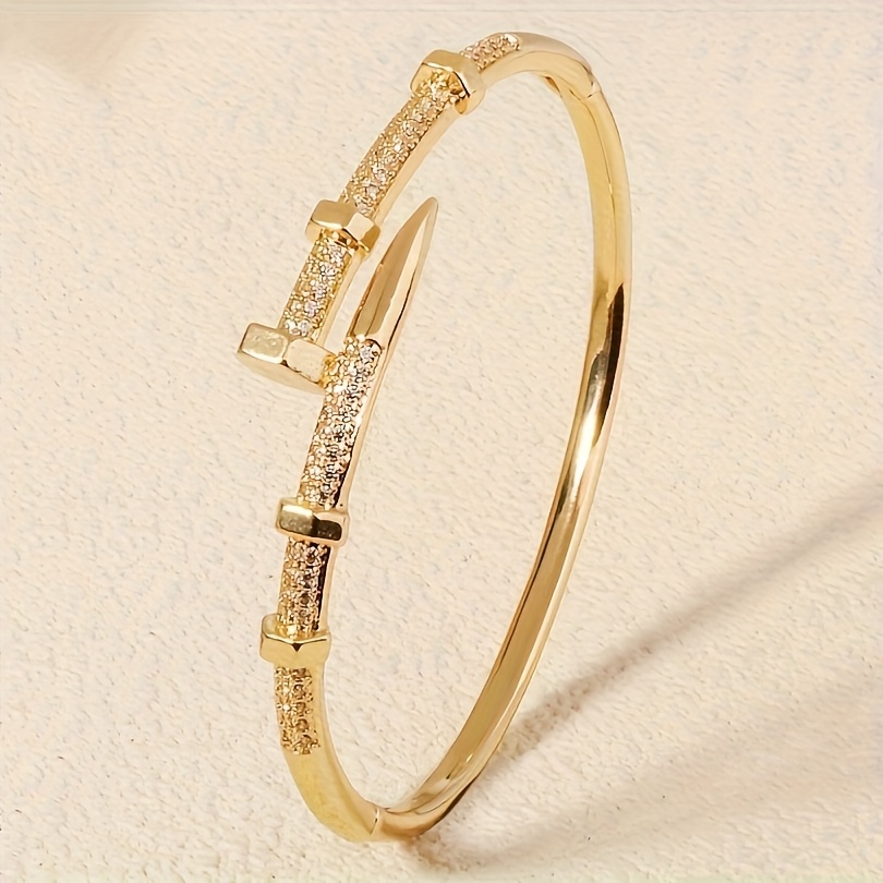 TEMU 1pc Elegant 18k Gold-plated Snake Bracelet With Zirconia Accents - , Weddings, And Gifts, Adjustable Open Bangle Design, Casual Accessory|elegant Bracelet|zirconia Embellishments