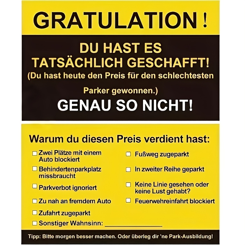 E-shop 51-teilige lustige deutsche Parkverstoß-Erinnerungskarten, eine elegante Lösung gegen Parken, unverzichtbar für Wohngebiete Büros