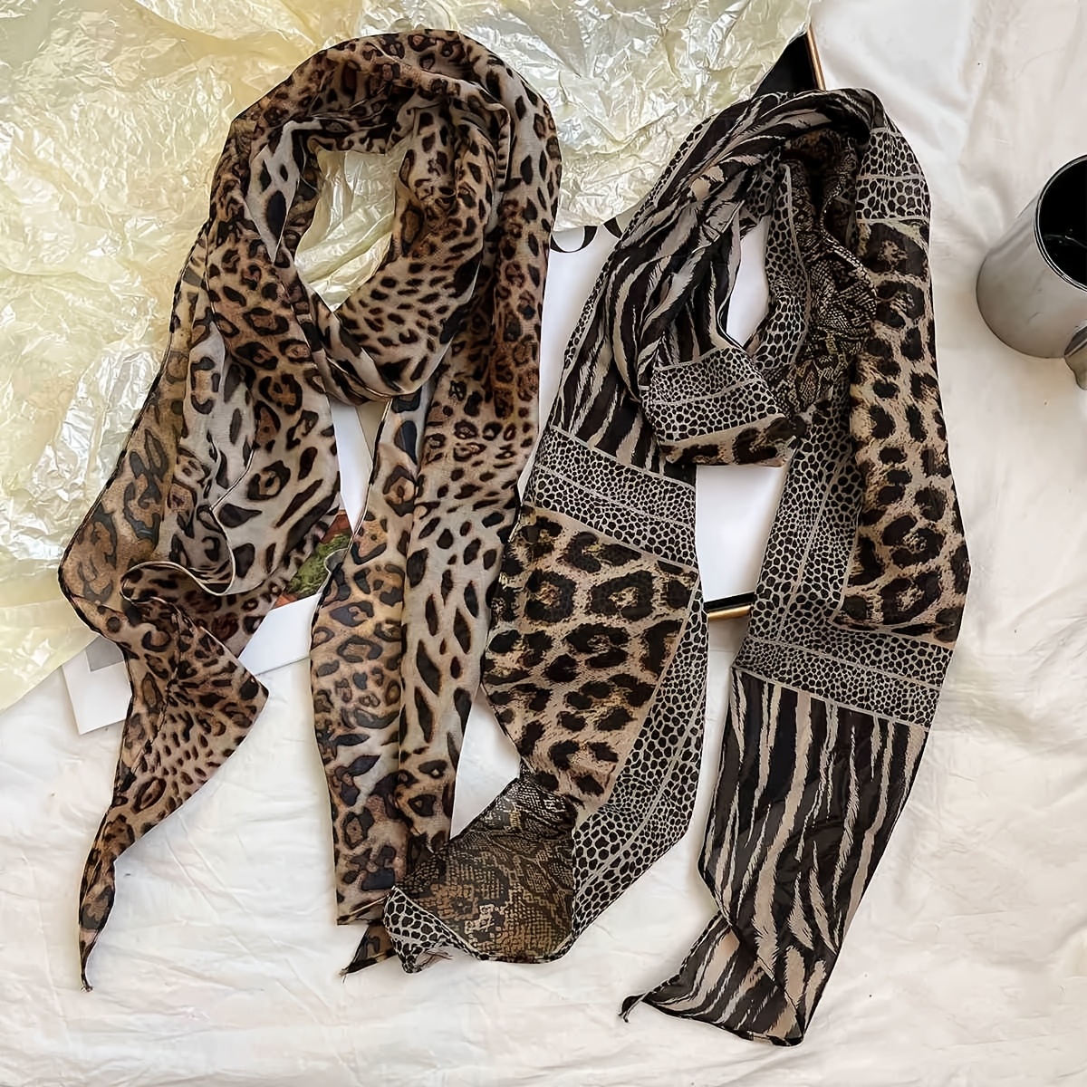 TEMU 2pcs Fashionable Polka Dot Animal Print Scarves, Versatile Long Neck Scarves, Suitable For Hair Ties / Neck Scarves / Waist Ties / Bag Ties,