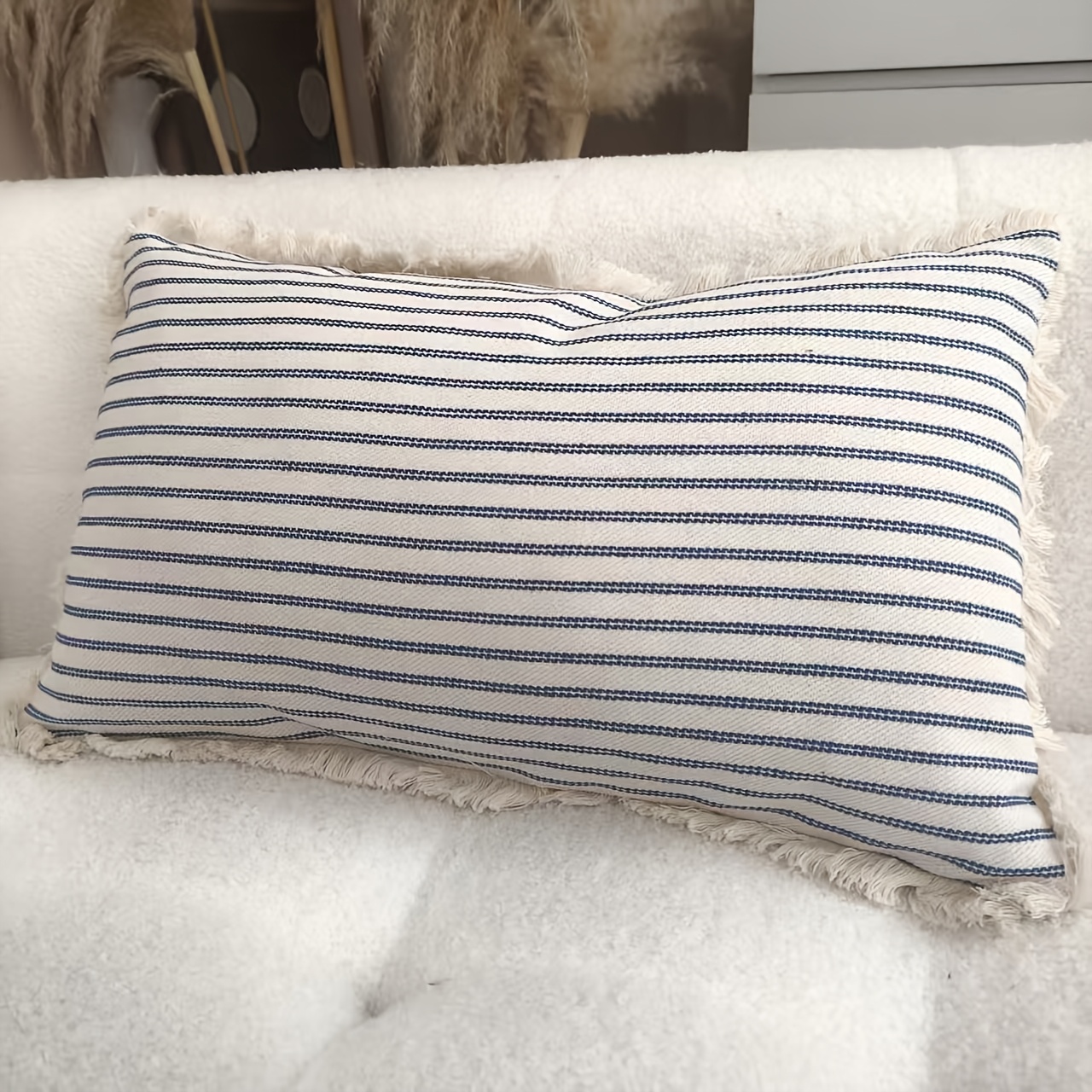 TEMU 1pc 1pc Yarn-dyed Hair Fringe Pillow Case Cushion Cover Soft And Comfortable Stripes Black Blue Beige Pillow Case Cushion Cover Without Pillow