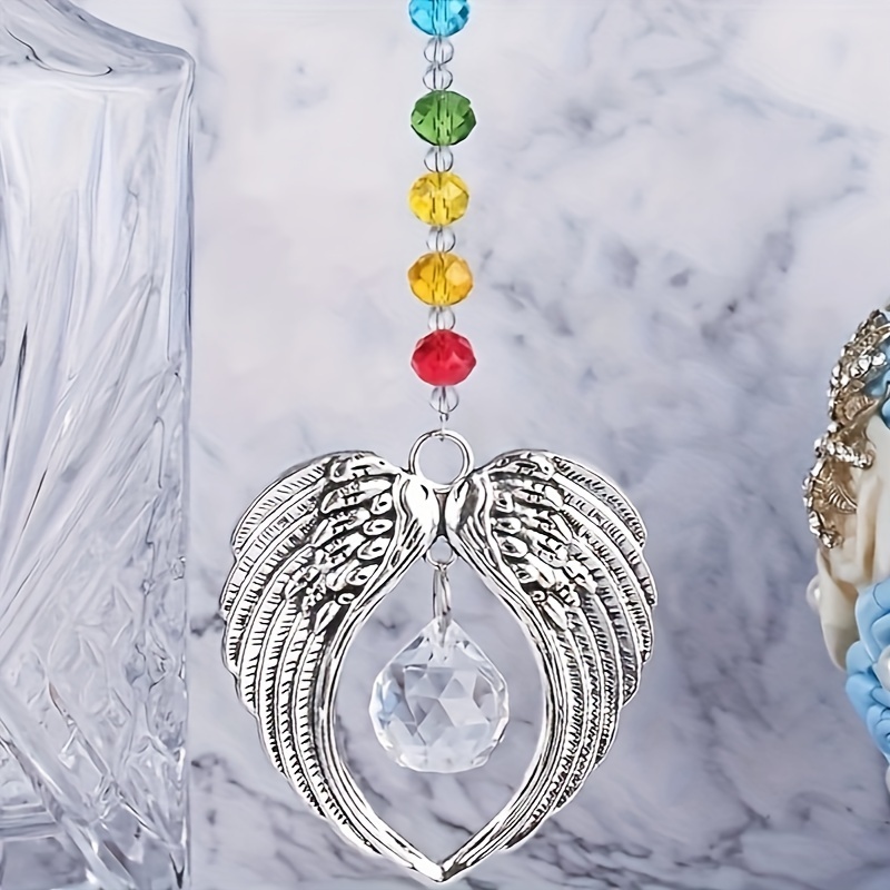 Colgante clásico de alas de ángel de cristal con atrapasol de cuentas de vidrio para decoración de ventanas de bodas y hogares - Sin plumas, no requiere electricidad