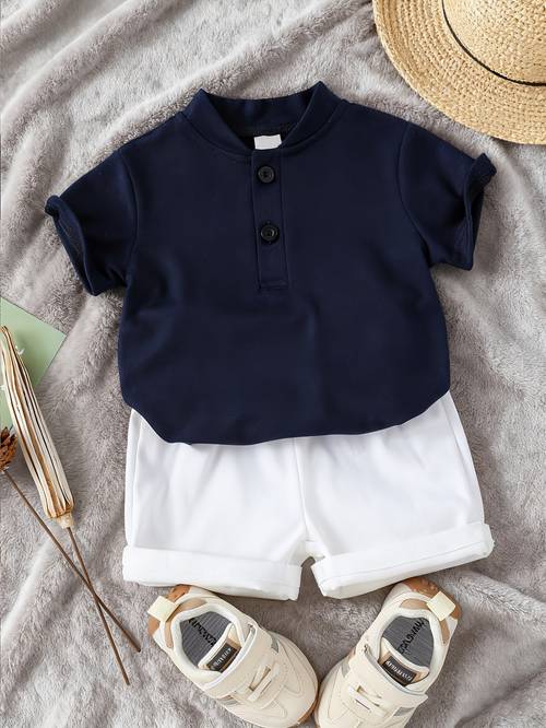 boys elegant and simple stand collar open front short sleeve t shirt contrast color pants set stylish casual baby boys imitation denim shorts set outdoor