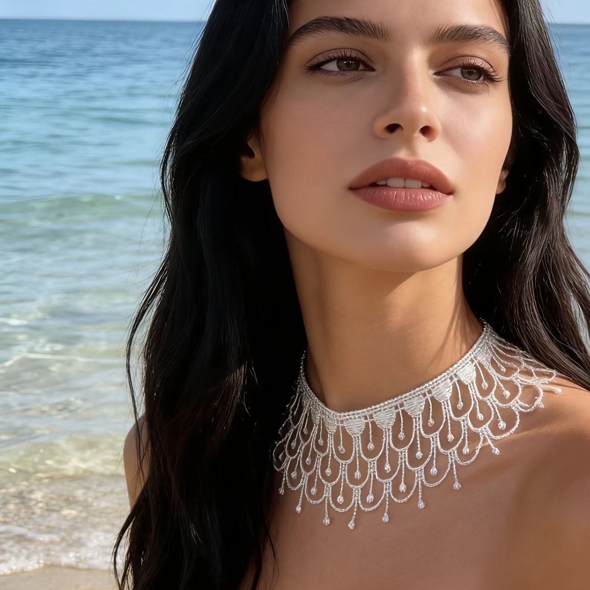 TEMU Fashionable And Elegant White Hollow Lace Droplet Shaped Tassel Women's Neck Necklace Suitable For Wedding Additions, Party Outfits, And Ideal