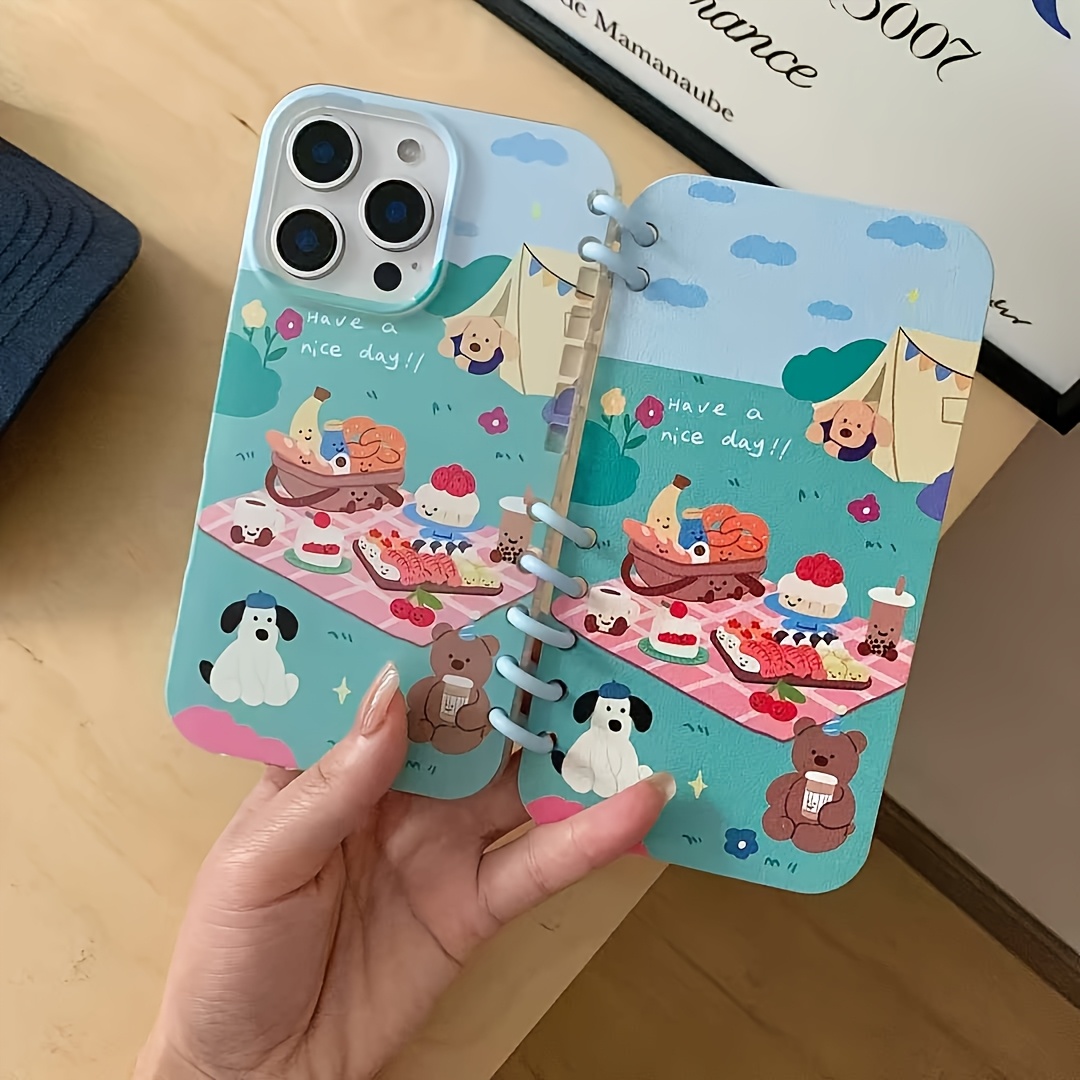 TEMU Phone Case - Cartoon Cute Picnic Bear Pattern Suitable For 16 Mobile Phone Case Notebook Ladies Anti-fall Suitable For
