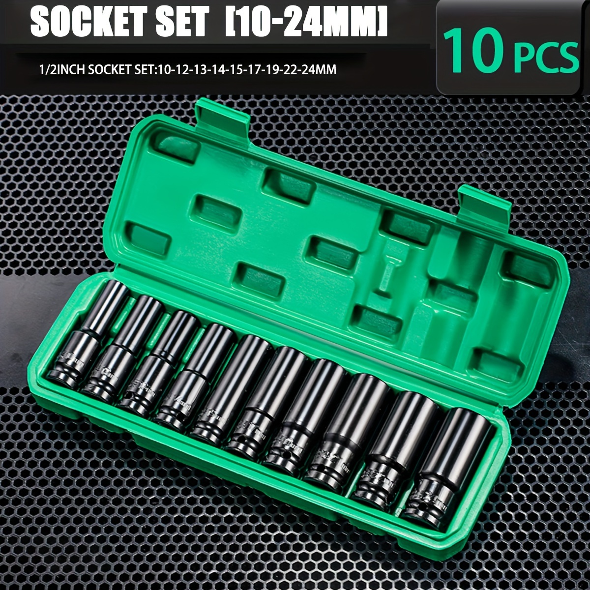 TEMU 10pcs Deep Impact Socket Set, 1/2" Drive, 6-point, Cr-, Metric Sizes 10-24mm, For Automotive & Tools