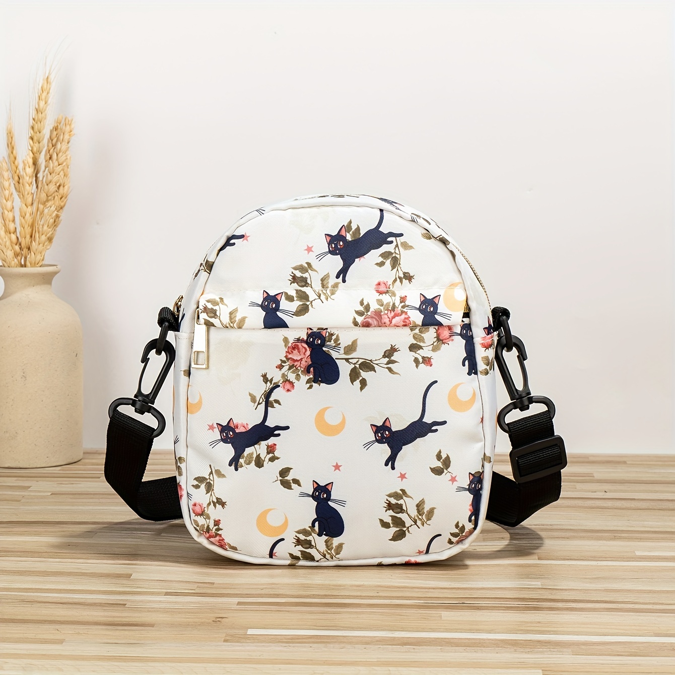 

Floral And Cat Print Crossbody Bag For Women, Lightweight Polyester Shoulder Bag, Fashionable Casual Sports Outdoor Purse