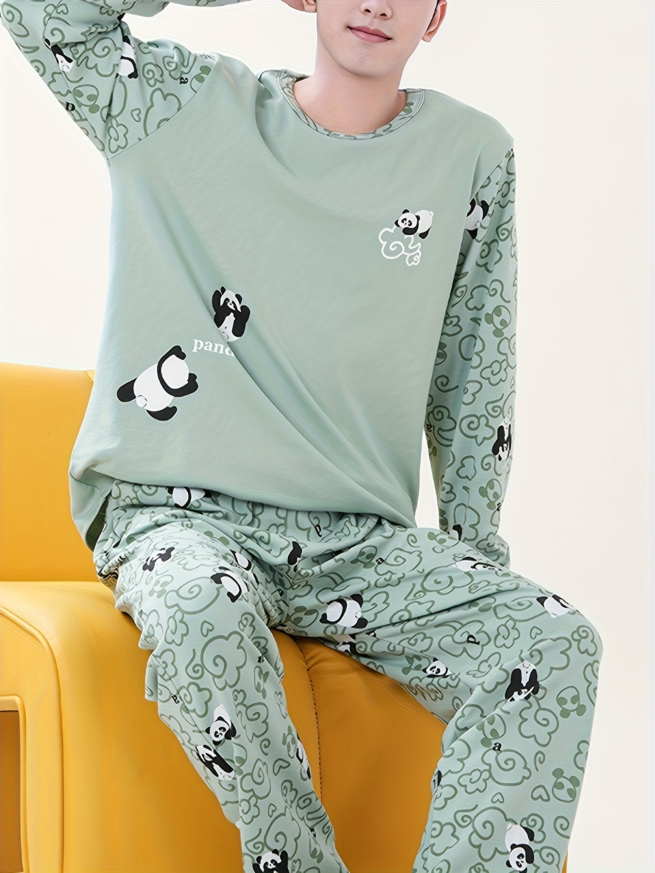 mens cozy pajama set for fall winter light green long sleeve crew neck top elastic waist pants with pockets casual animal print loungewear machine washable details 1