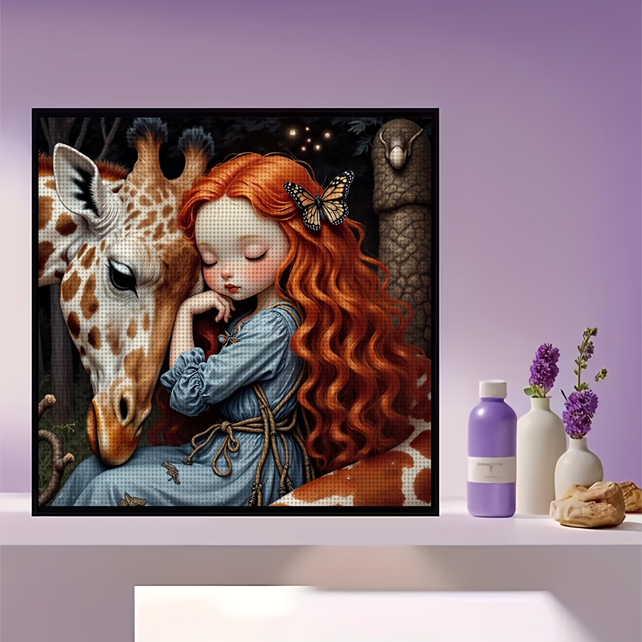 Frameless Cross Stitch Printed Kit, "Red-Haired Snuggling Giraffe" Pattern for Beginners