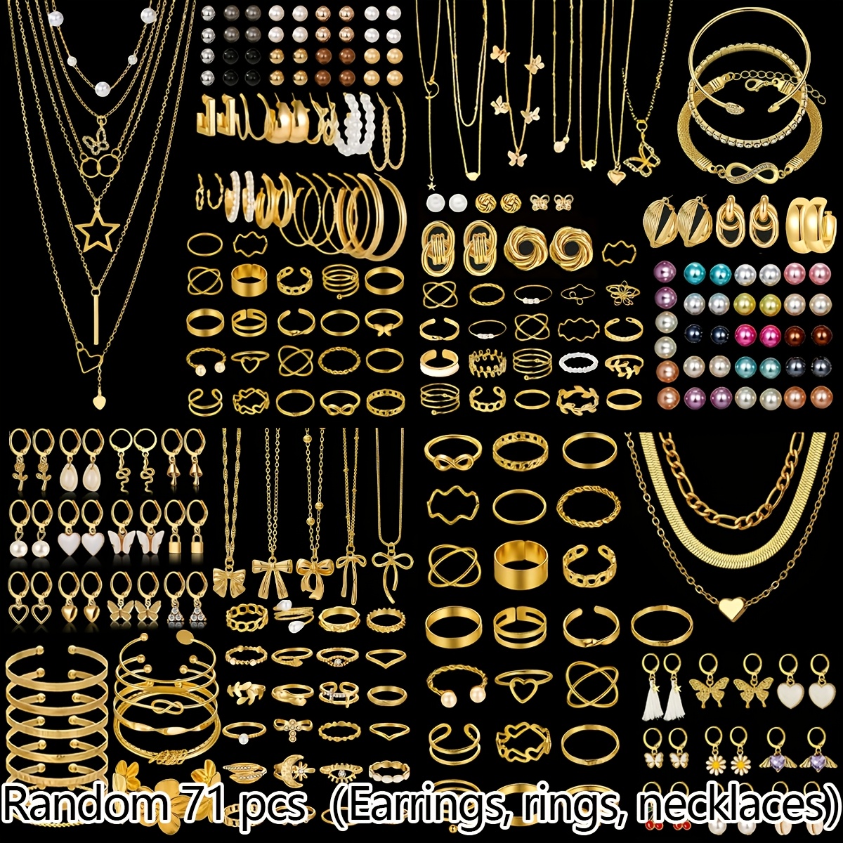 TEMU Random 35/71/94pcs Women's Jewelry Set Fashionable Luxurious Elegant Premium Old Money Style Chain Artificial Pearls Heart Pendant Geometric
