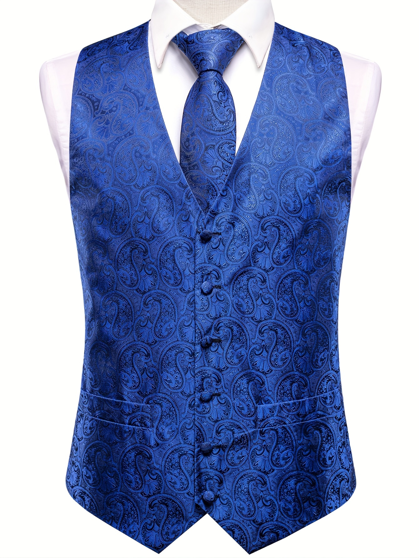 Black Green Paisley Black Collar V Neck Jacquard Silk Men's Vest Hanky Cufflinks Tie Set, L