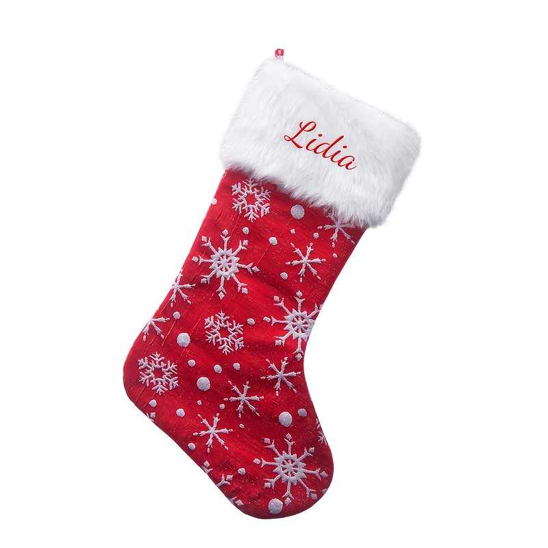 TEMU Personalized Red Stocking With White Faux Fur Cuffs And Snowflake Design- Customizable Fireplace Decoration, Ornament Holiday