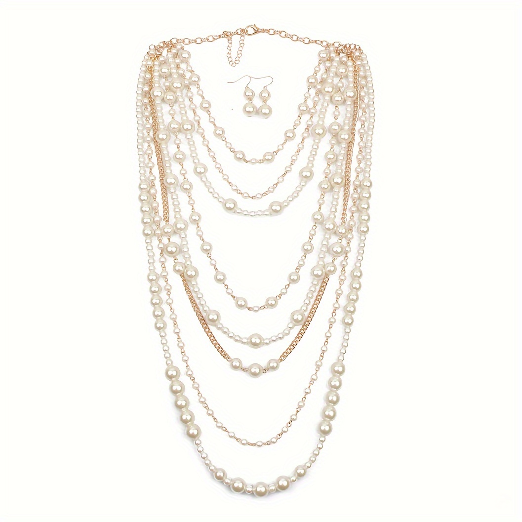 

Multi-layer Faux Pearl Necklace And Earring Set, Vintage Style, Fashionable Elegant Jewelry For Women, Adjustable Length With Clasp Closure