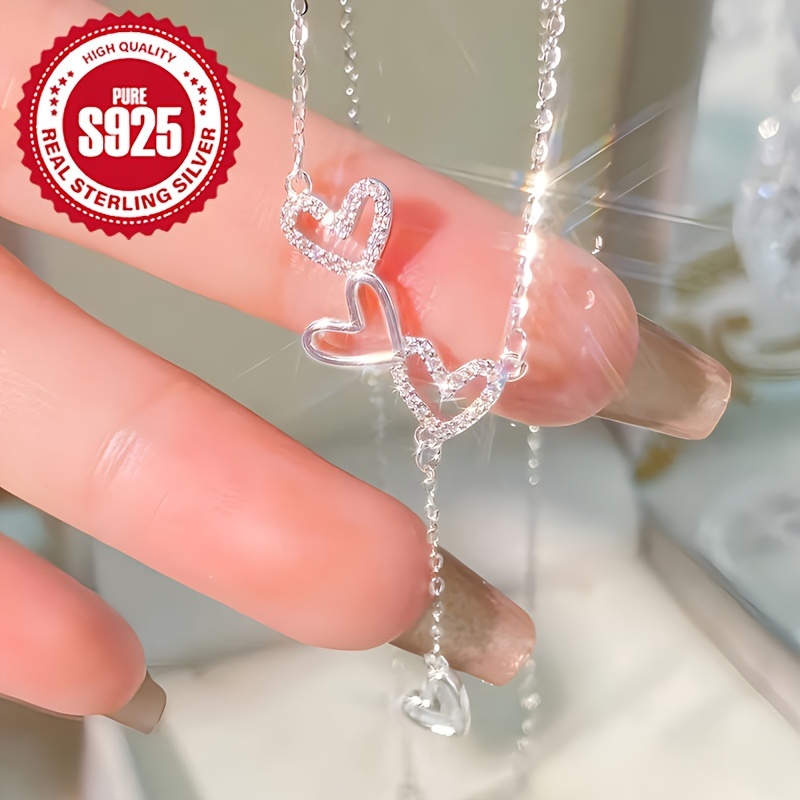 

S925 Sterling Silver Heart Tassel Necklace, Blingbling Clavicle Chain, Hypoallergenic 3.5g, Perfect For Mother's Day, Valentine's Day, Wedding, Daily Accessory, Cute & Luxurious Style