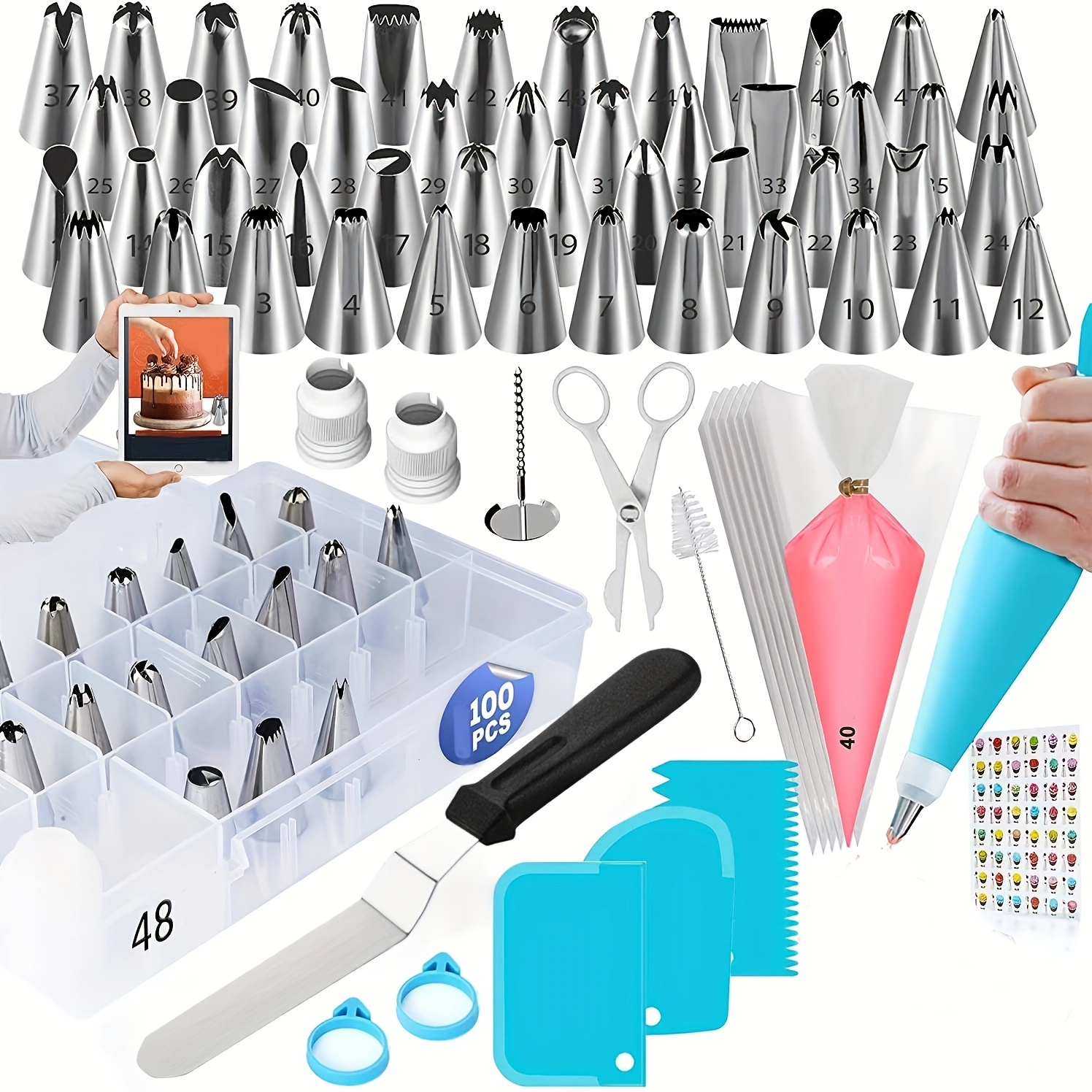 

100pcs Set Stainless Steel Icing Piping Nozzles, Cake Decorating Tips, Metal Pastry Tools, With Storage Case For Baking And Cake Design