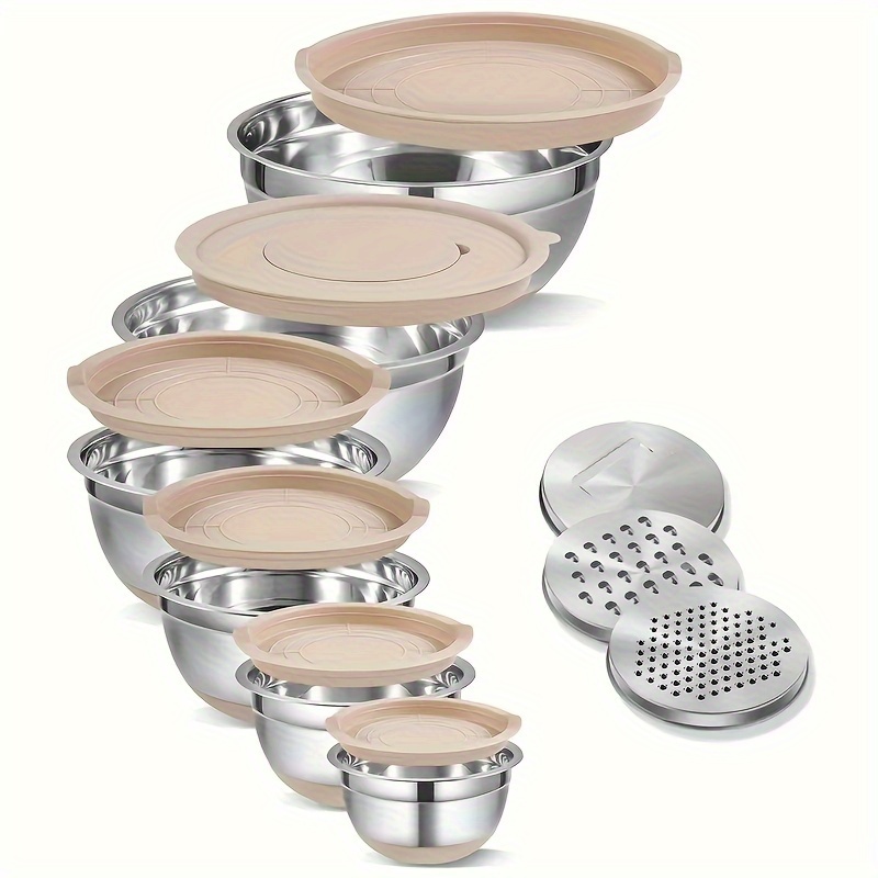 

6pcs, Stainless Steel Mixing Bowl Set (0.95l-6.5l) With Airtight Lids & 3 Grater Attachments - Non-slip Base, Multipurpose Kitchen Essentials For Mixing & Serving - Baking Must-haves