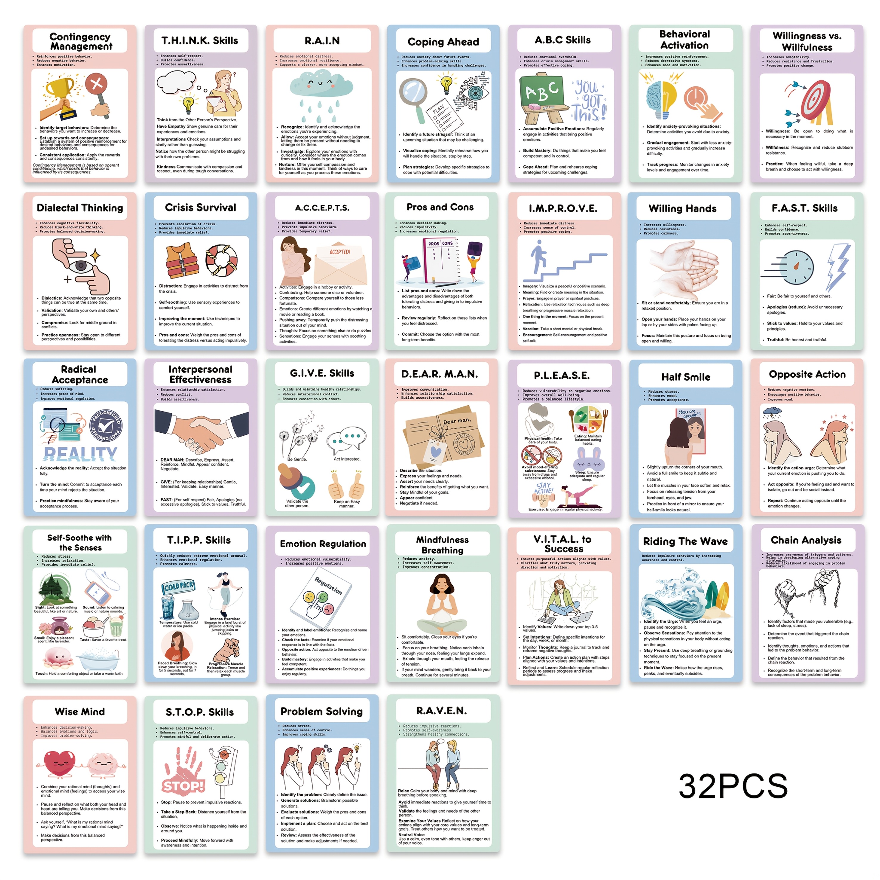 TEMU 3,94 x 5,5 Pouces Cartes de Compétences DBT pour Enfants, Développement Émotionnel, Compétences d', Flashcards de , Anxiété & Relaxation, Outils