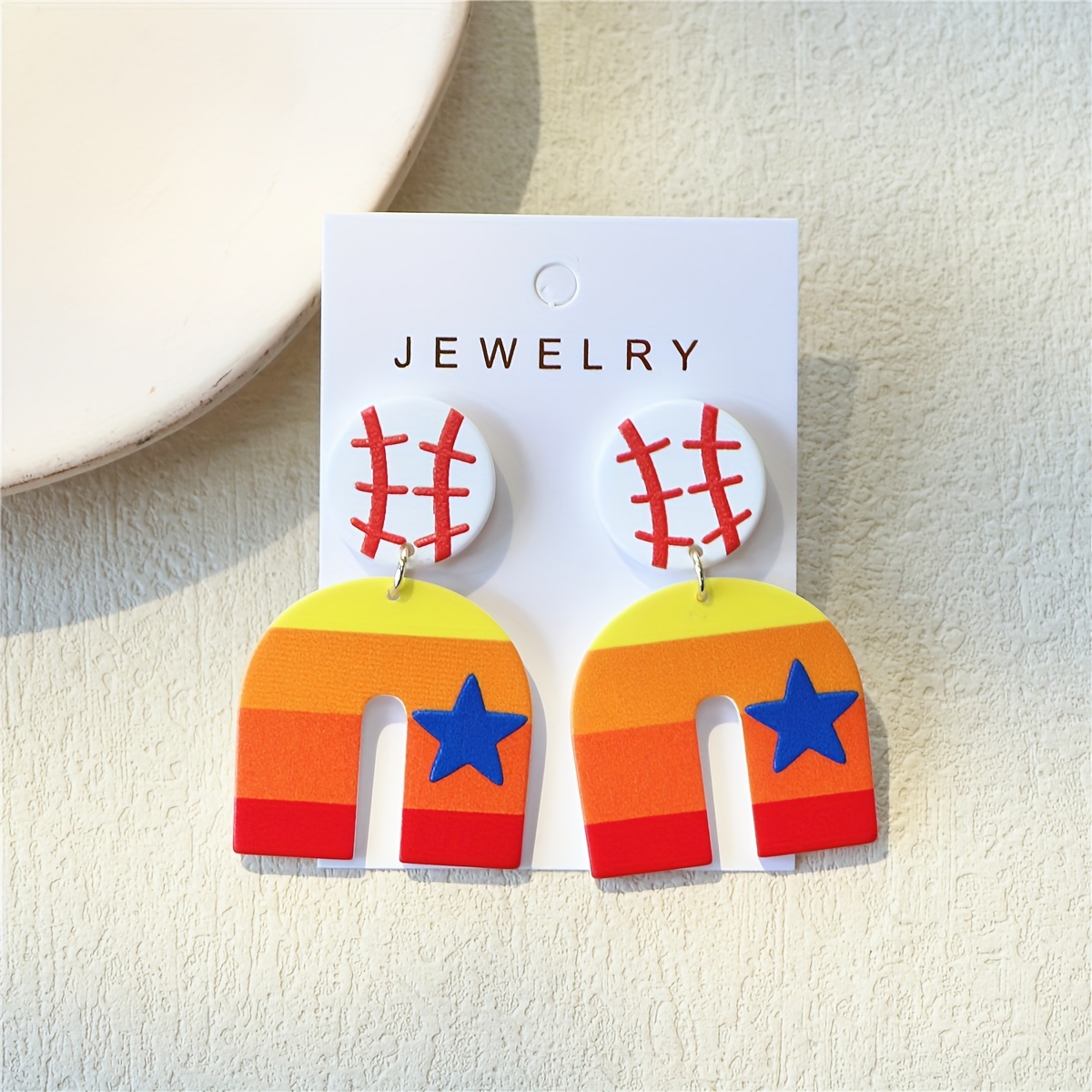 

Women's Sporty Chic Baseball & Star Print Acrylic Earrings - Stainless Steel Posts, Perfect For Game Day & Parties