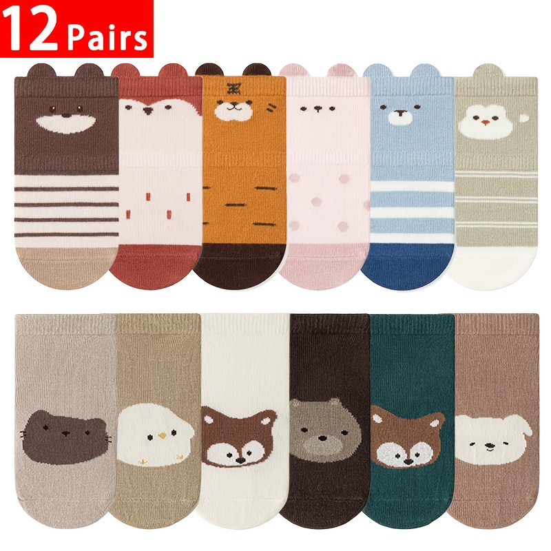 Image of 12 Pairs Boys And Girls Floor Board Socks, Non-slip Socks With Cute Cartoon Animals, Designed For Toddlers To Learn Grip And Stability