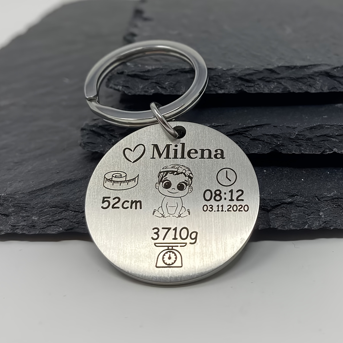 Customized Keychains with Engraved Date, Name, and Footprint